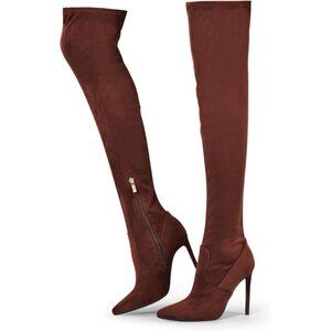 Women Brown Suede Pointed Toe 4.3 inch Stilettos Thigh High Stretch Heels Boots